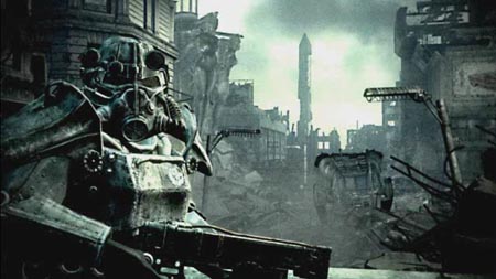 Brotherhood Soldier from the Fallout 3 Teaser Trailer
A screenshot from the Fallout 3 Teaser Trailer.  Judging by the landmarks in this picture (The Washington Monument), this confirms that Bethesda has the Brotherhood of Steel on the East Coast.
Keywords: Teaser Trailer Fallout 3 Brotherhood