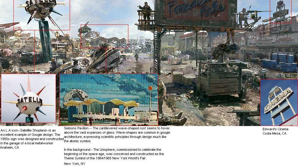 Origins of elements in the Paradise Falls Strip Mall concept art
An image analysis made by Brother None. You can clearly see elements of real world locations in this concept art, although they are not all unique to a single location.
Keywords: Paradise Falls Fallout 3