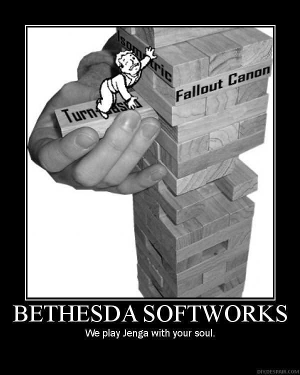 Bethesda Jenga
Bethesda Softworks: We play Jenga with your soul
Keywords: Fan Bethesda Jenga Pipboy Falloutboy Fallout