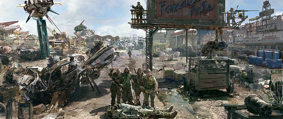 Paradise Falls Strip Mall
The 4th piece of concept art revealed by Bethesda.  It showcases an old strip mall in Paradise Falls.
Keywords: Paradise Falls Fallout 3