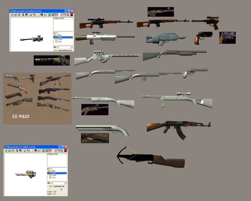 Recent Weapons
These are the weapons I have with the exception of the FO laser pistol, which is not converted and one more. The supposedly RL weapons are already the ones of the games of course. I don't like all of the RL in FO 2 but these were nice. However if I can get the rest of the weaponry I want(10mm range, 14mm, Combat shotgun) I might remove the most RL like ones. But no promises, these are free, and it's not like I'm including 21 century weapons.
