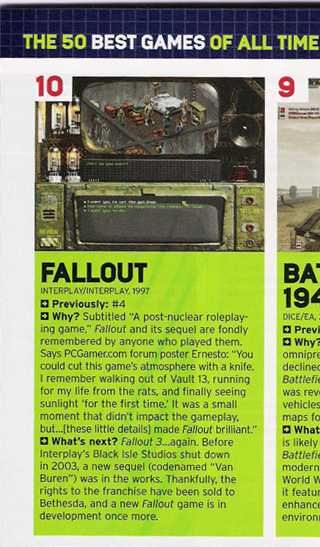 PCGamer Article
PCGamer's 50 Best Games of All Time list, with Fallout coming in at number 10.
